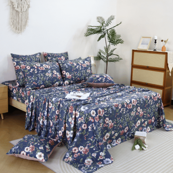 bedding sheet set vintage dark blue floral